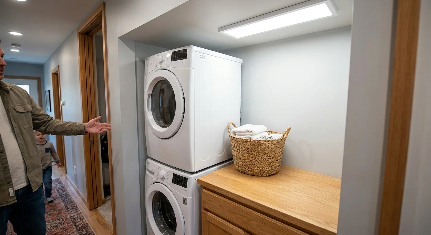 A stacked washer and dryer in a main-floor closet, featuring a convenient waist-height counter for folding laundry.