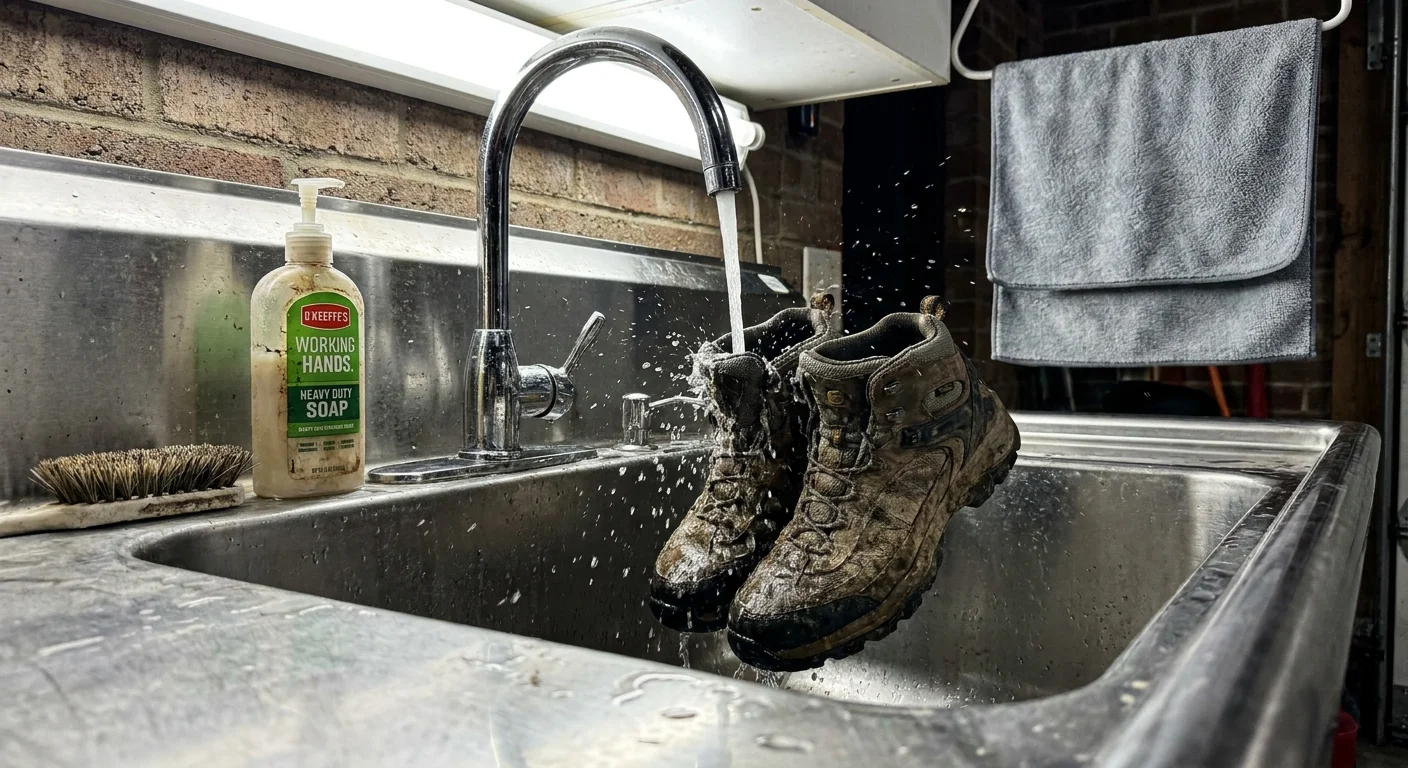 A stainless steel garage sink with a faucet rinsing mud off a pair of boots, showing a functional wash station.