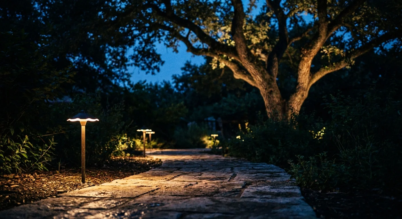 A stone garden path illuminated by warm LED lights at twilight with trees softly lit in the background.
