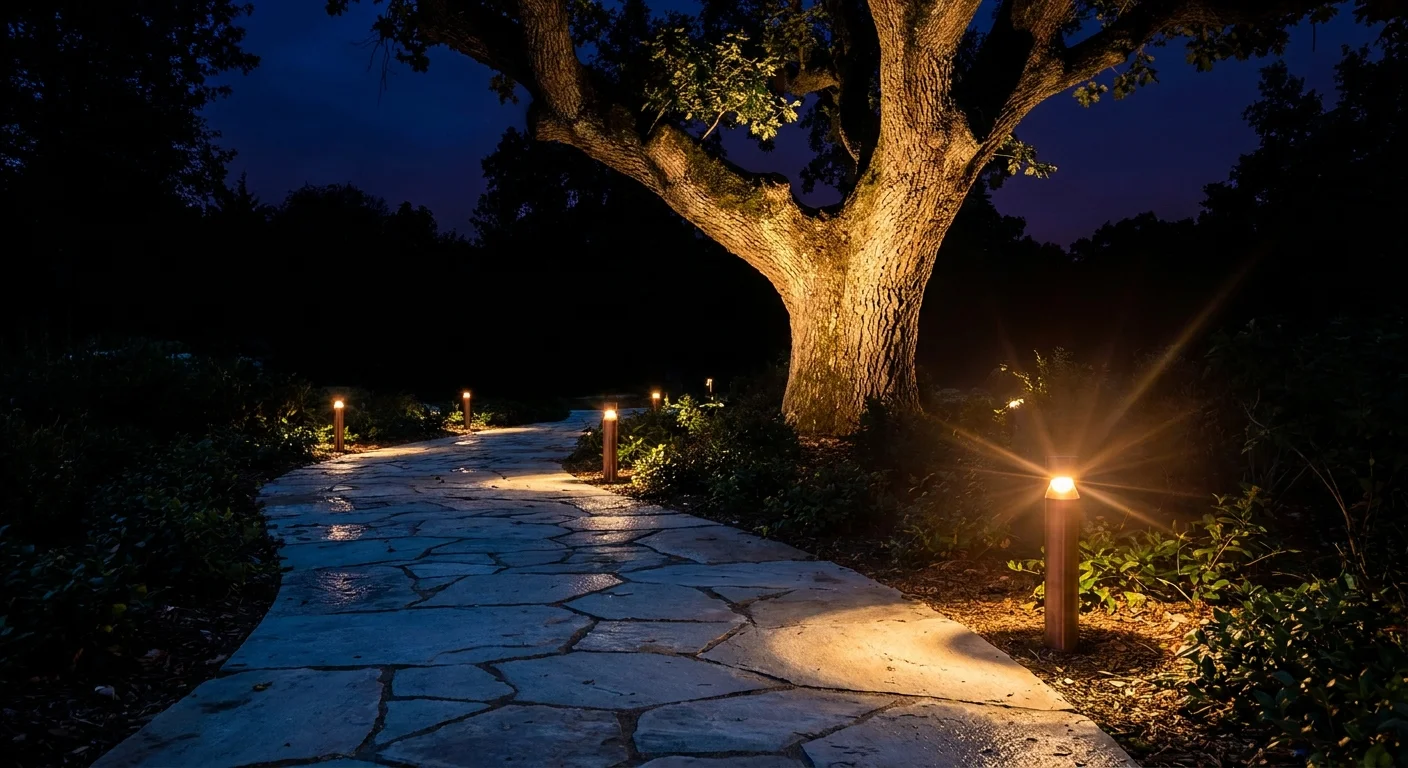 A stone garden path illuminated by warm, low-profile LED lights at night, leading toward a lit tree.
