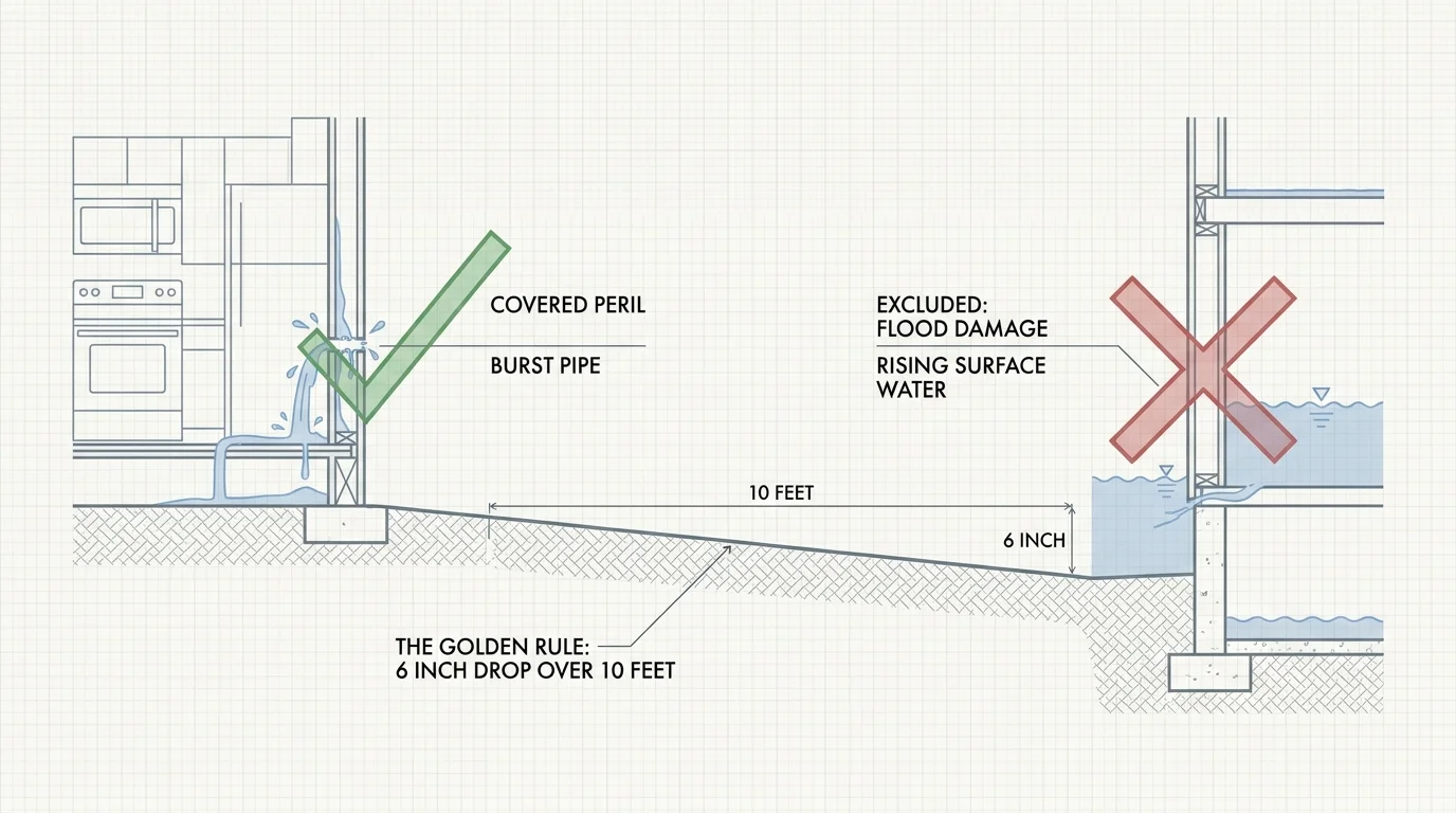 A structural diagram comparing internal pipe bursts with external flood water, including a soil grading guide.
