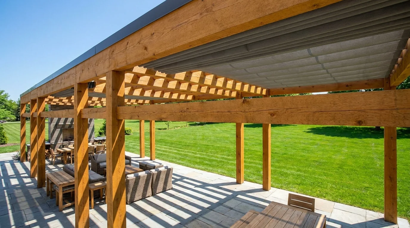 A sturdy cedar pergola with a retractable canopy casting shadows over a modern patio set.