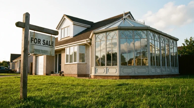 A suburban house for sale featuring a large, ornate glass conservatory addition that clashes with the home's architecture.