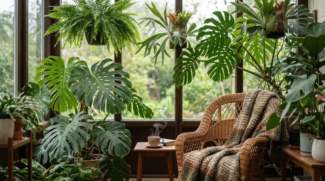 A sun-drenched conservatory filled with tropical plants and a comfortable wicker reading chair.