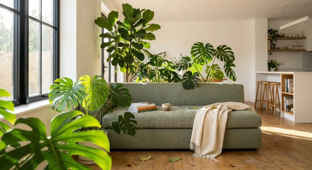 A sun-filled living room featuring a cozy window seat surrounded by large tropical plants and vibrant morning light.