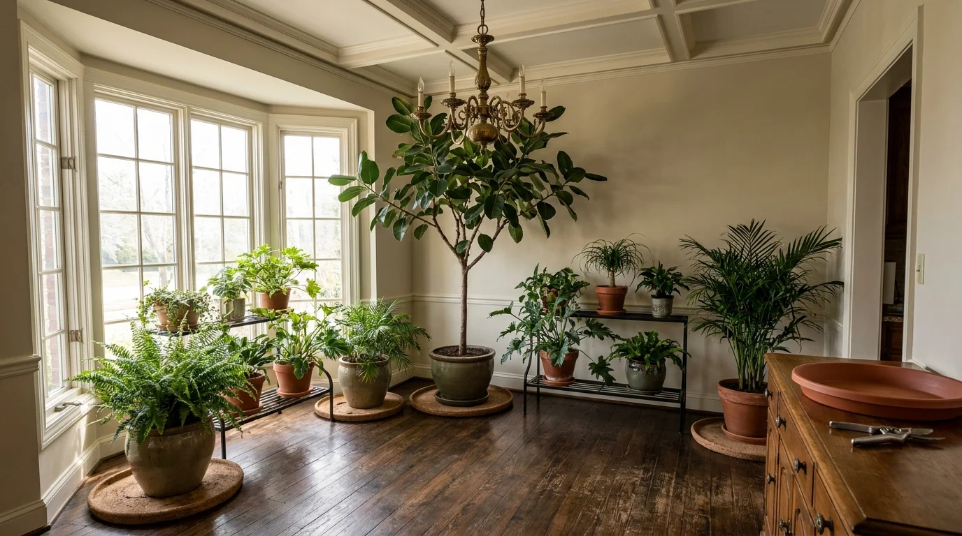 A sunlit dining room featuring a mature Ficus Audrey tree and tiered plant stands on hardwood floors protected by cork mats.