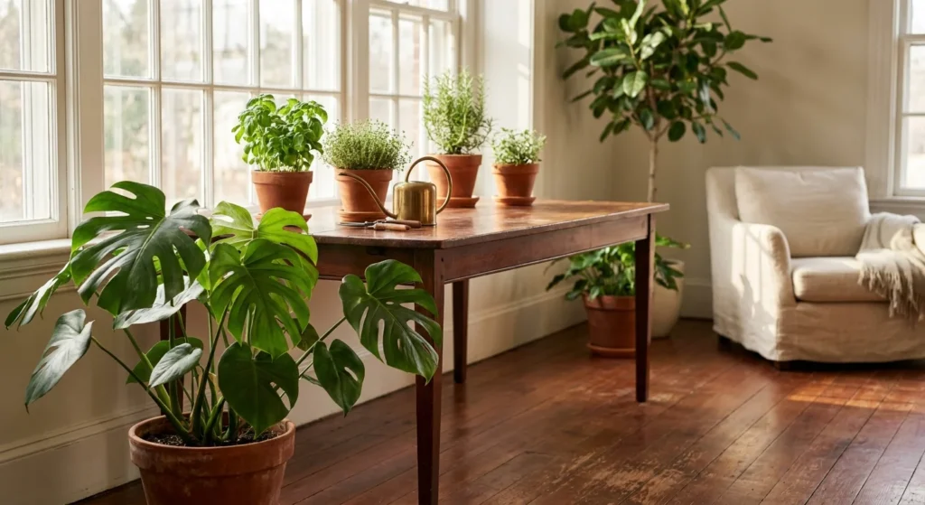 A sunlit room filled with large houseplants, including a Monstera and a Ficus, with a mahogany table used as a plant display stand.
