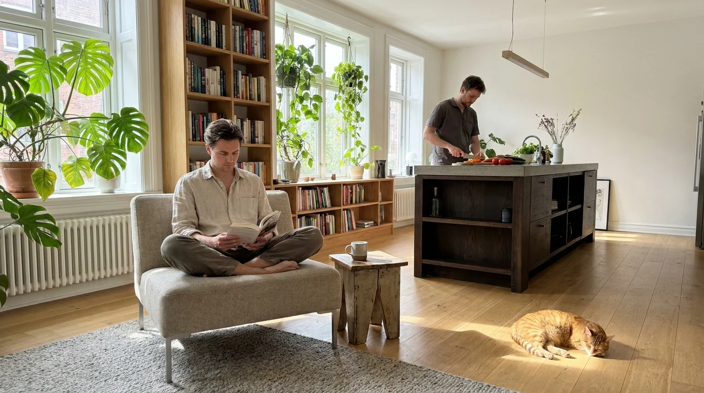 A sunlit room filled with plants and bookshelves where a person reads comfortably, replacing a traditional dining area.