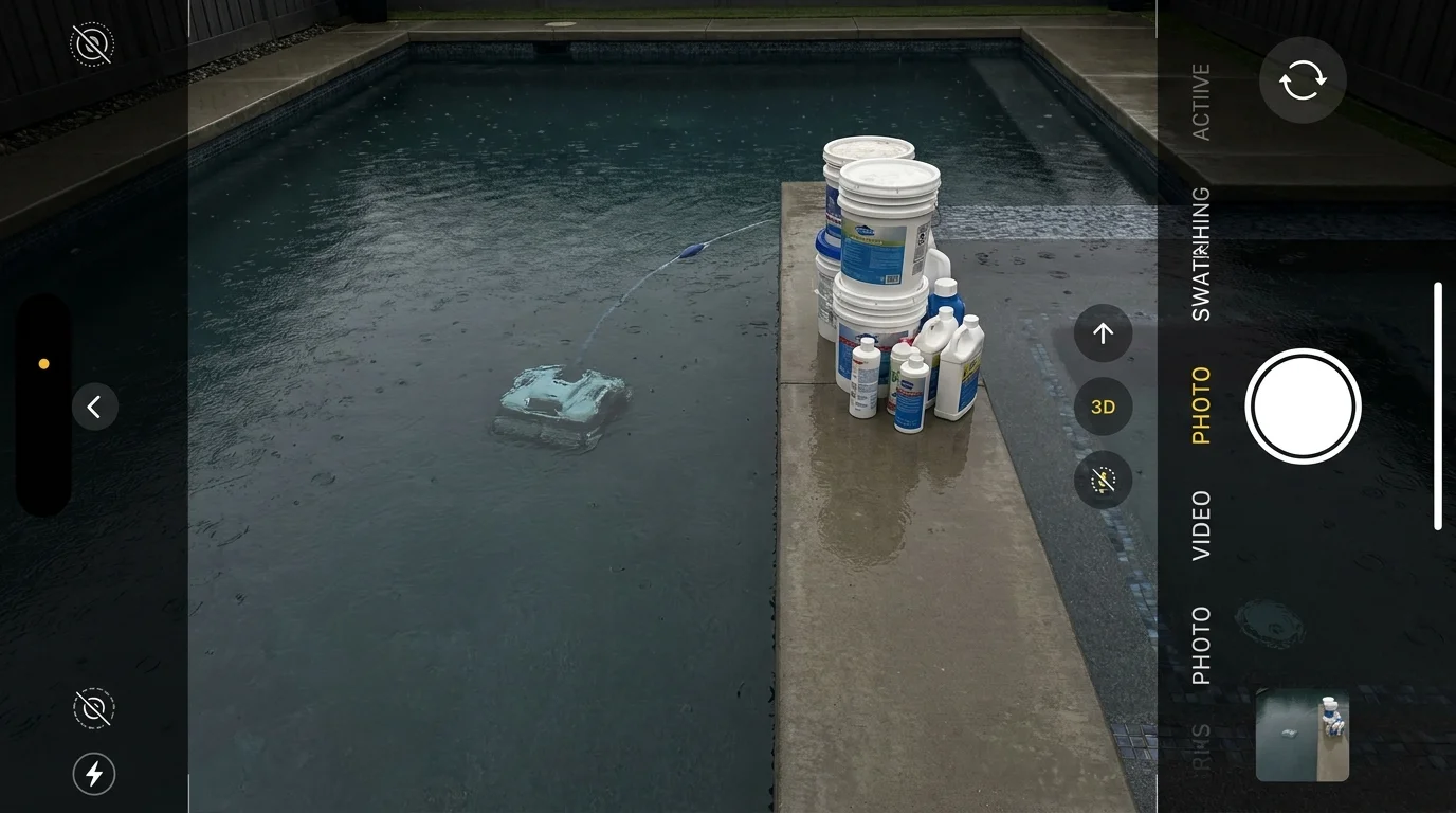 A swimming pool that consumes an entire small backyard, leaving no room for plants or green space.