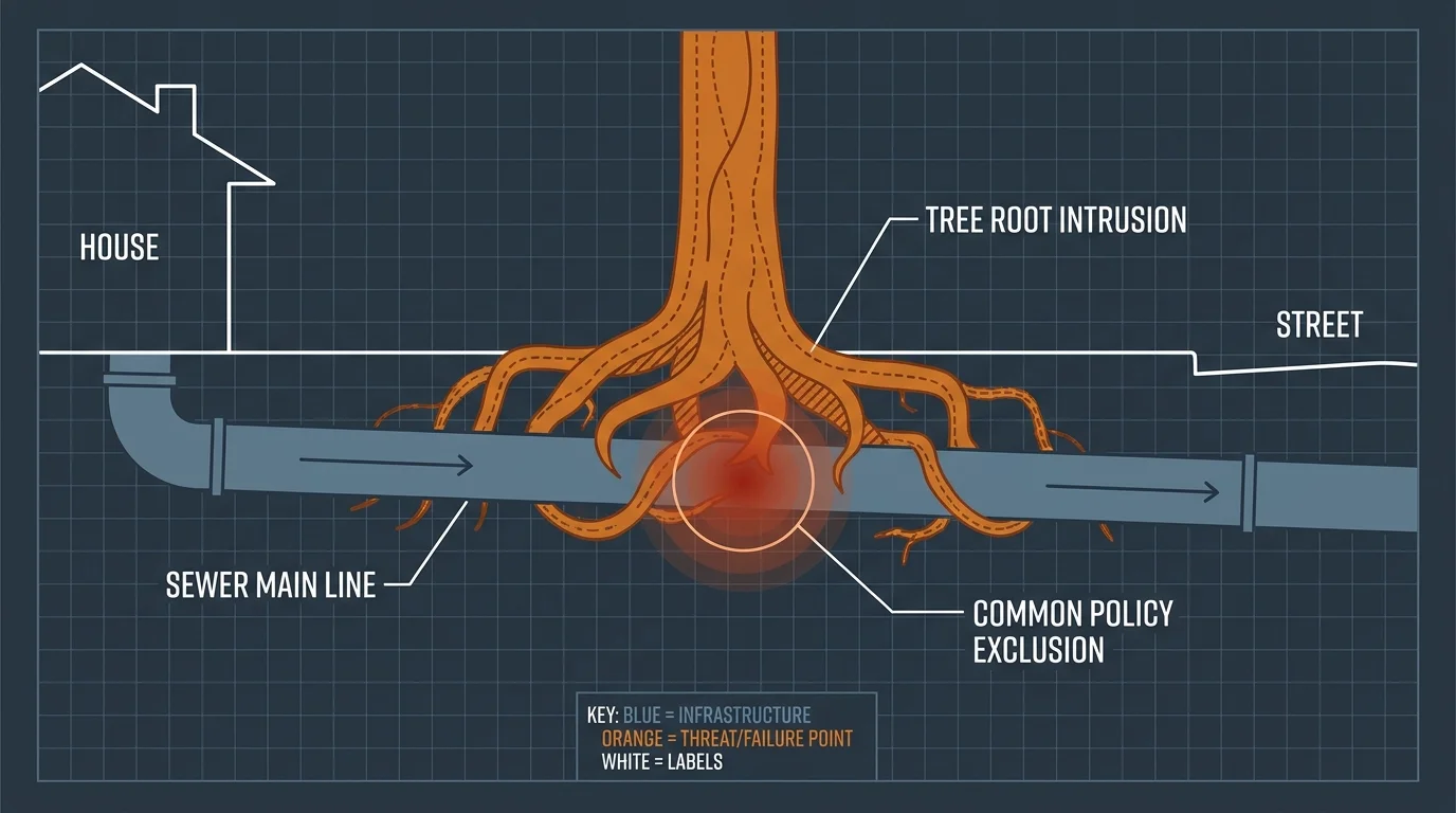 A technical cross-section diagram showing tree roots breaking into an underground sewer pipe.
