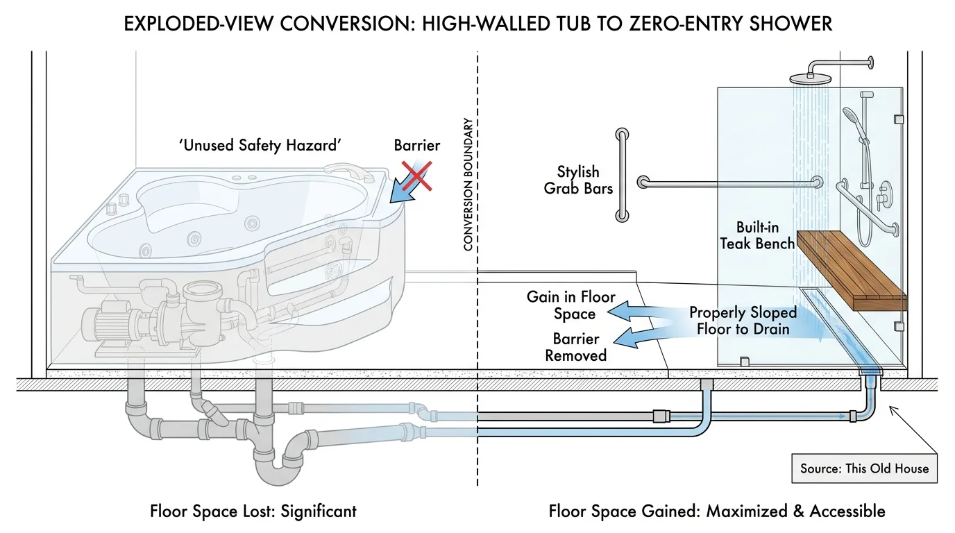 A technical diagram comparing a high-walled soaking tub to a modern, curbless shower with a built-in teak bench and grab bars.