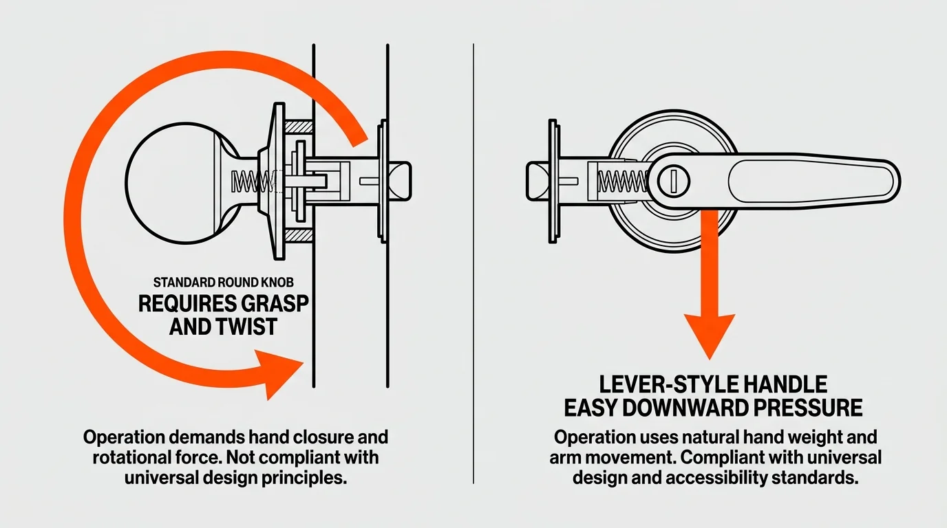 A technical diagram comparing a standard round doorknob with a lever-style handle, highlighting the ease of use for the lever.