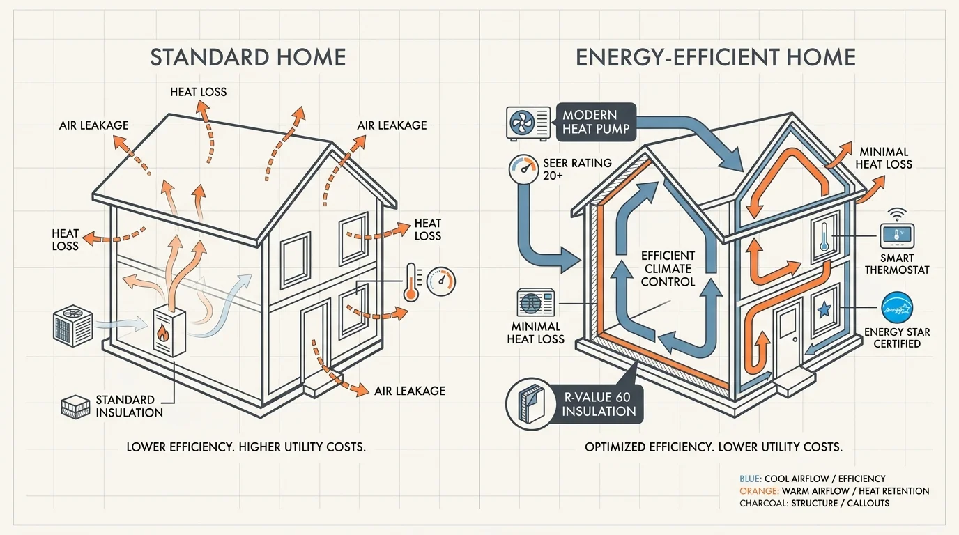 A technical diagram comparing home insulation and HVAC efficiency with labels for SEER ratings and R-values.