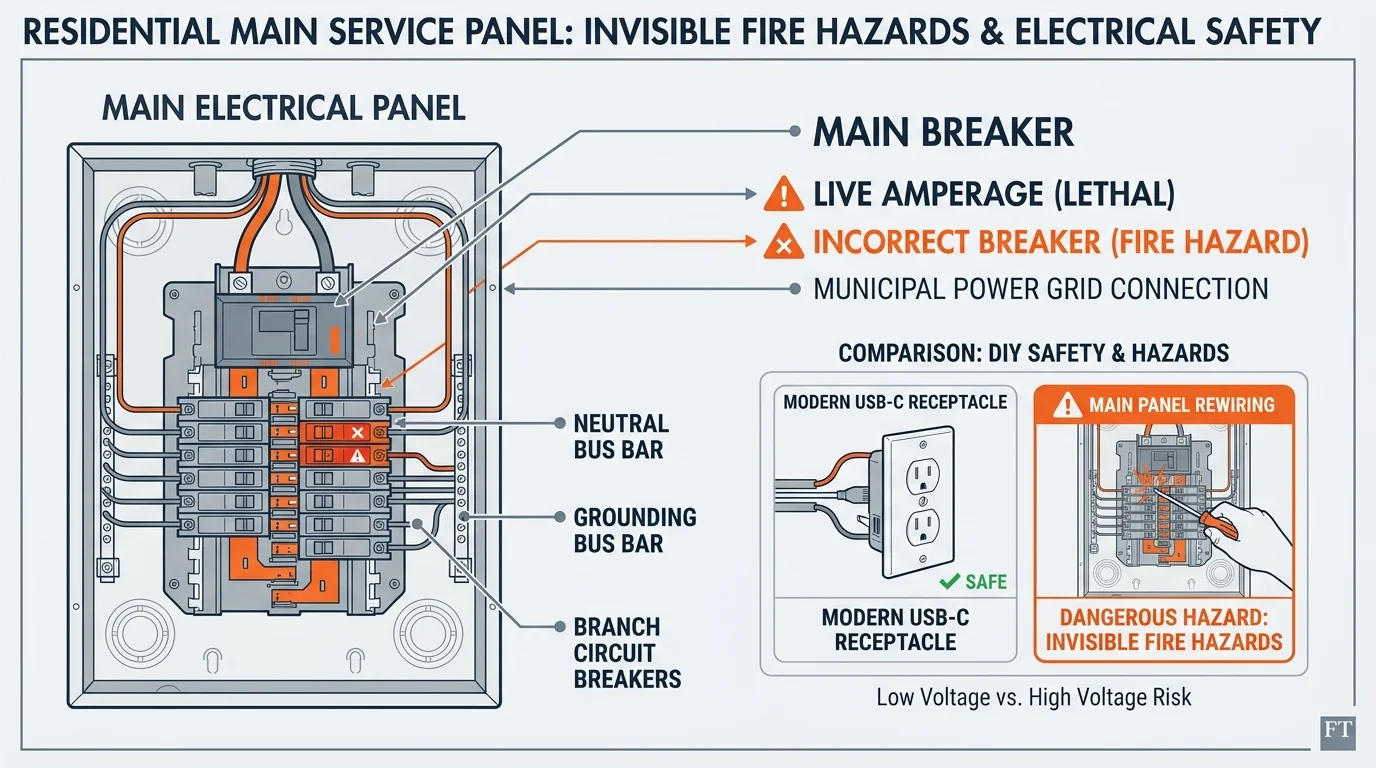 A technical diagram comparing safe outlet upgrades to dangerous main panel rewiring with labels for fire hazards and live amperage.