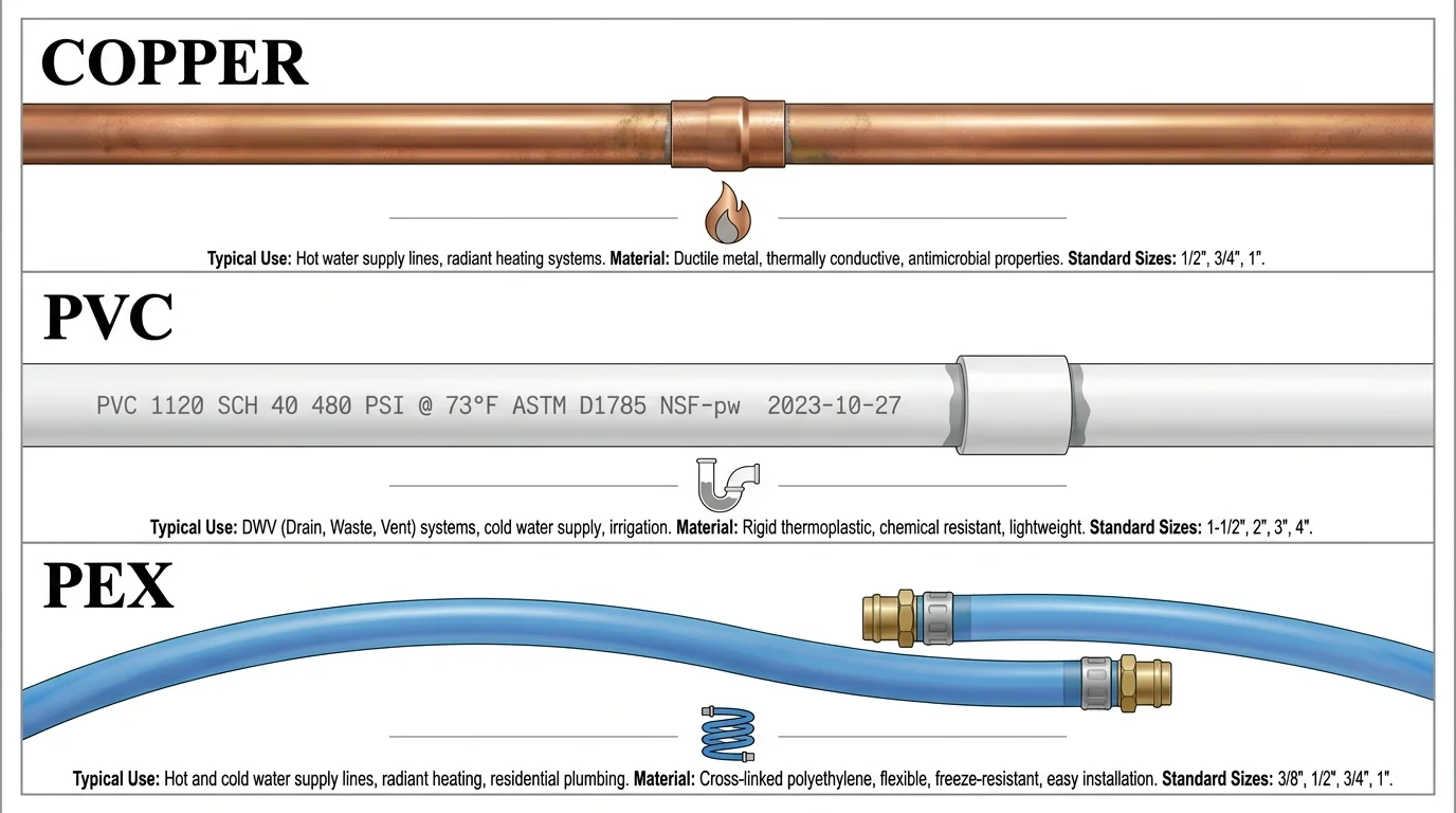 A technical diagram labeling and showing the differences between Copper, PVC, and PEX plumbing pipes.
