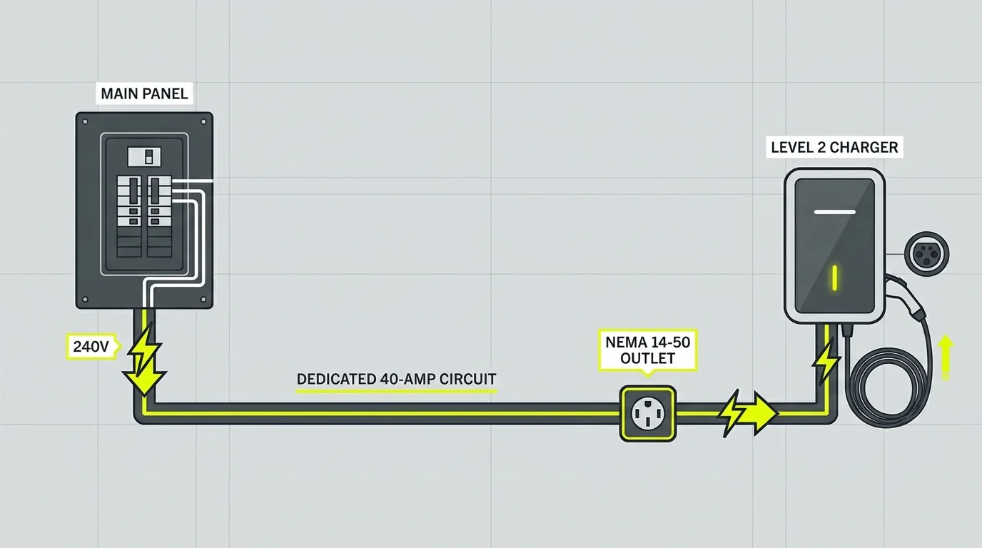 A technical diagram of a garage electrical panel connected to a Level 2 EV charging station with a dedicated circuit.