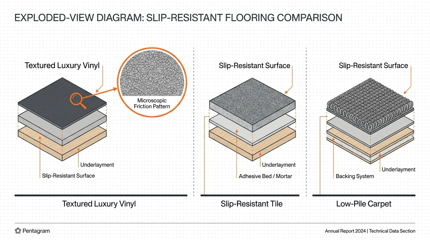 A technical diagram showing a cross-section of slip-resistant flooring materials including luxury vinyl and textured tile.