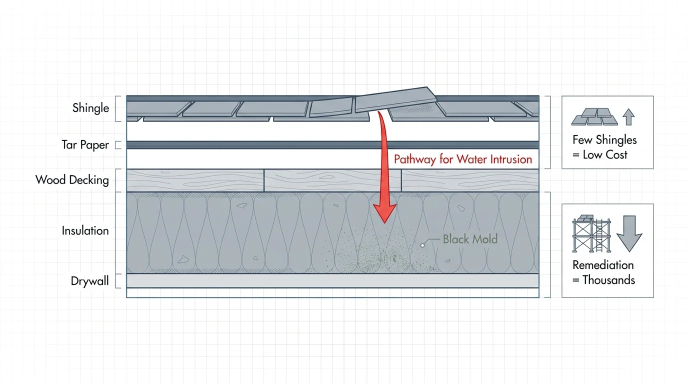A technical diagram showing how a single loose shingle leads to water damage in roof decking and attic insulation.