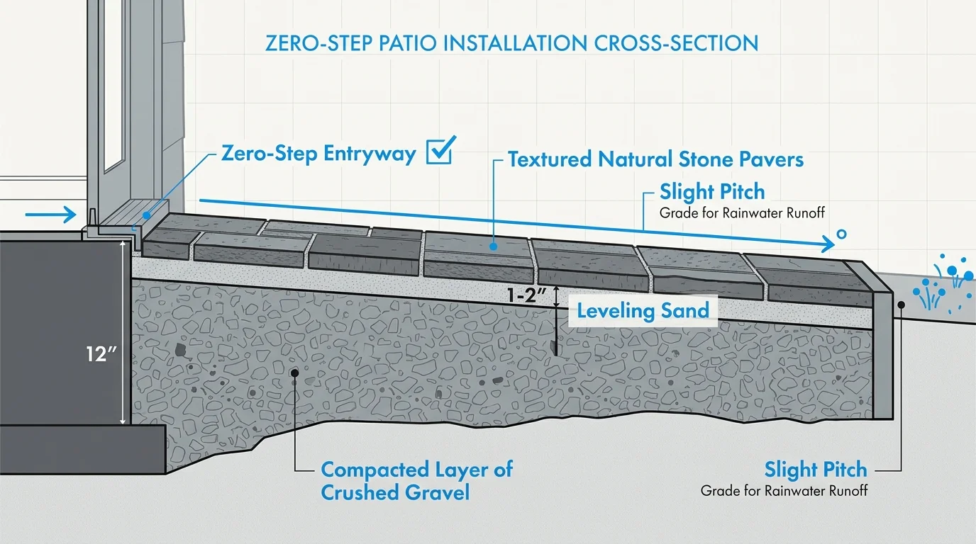 A technical diagram showing the layers of a patio foundation: gravel, sand, and pavers with a zero-step entry.