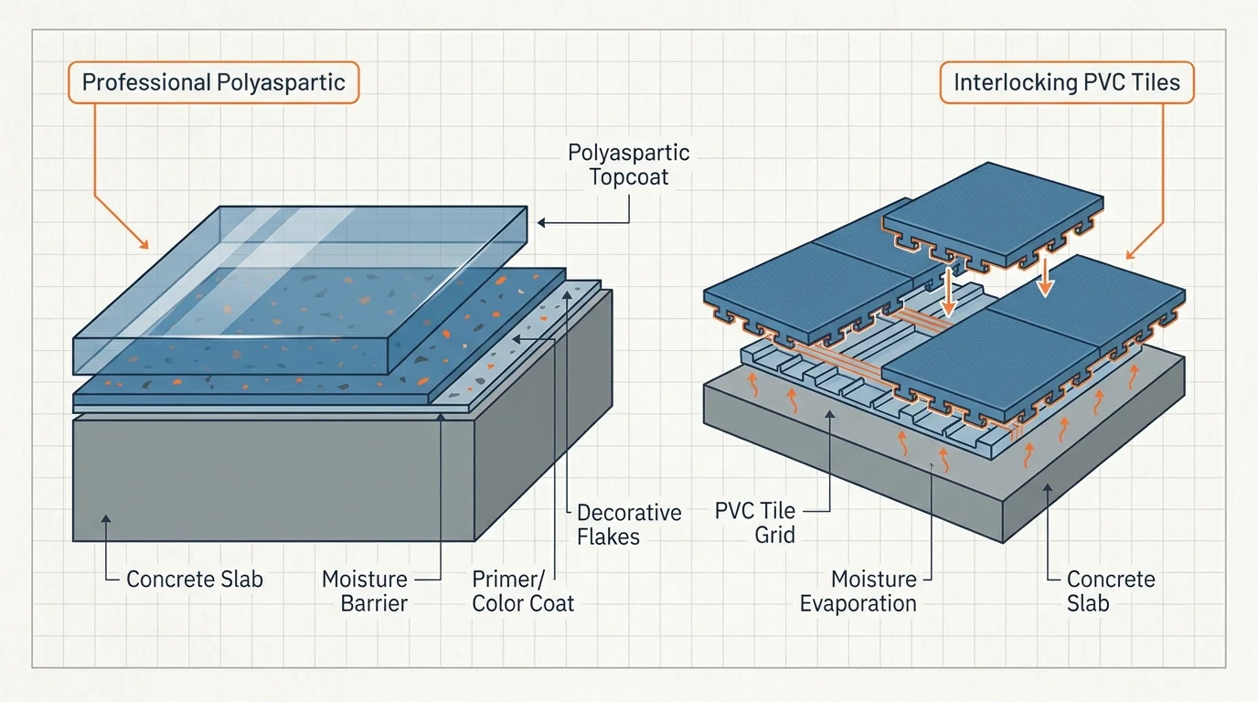 A technical diagram showing the layers of polyaspartic floor coating compared to the interlocking structure of PVC garage tiles.