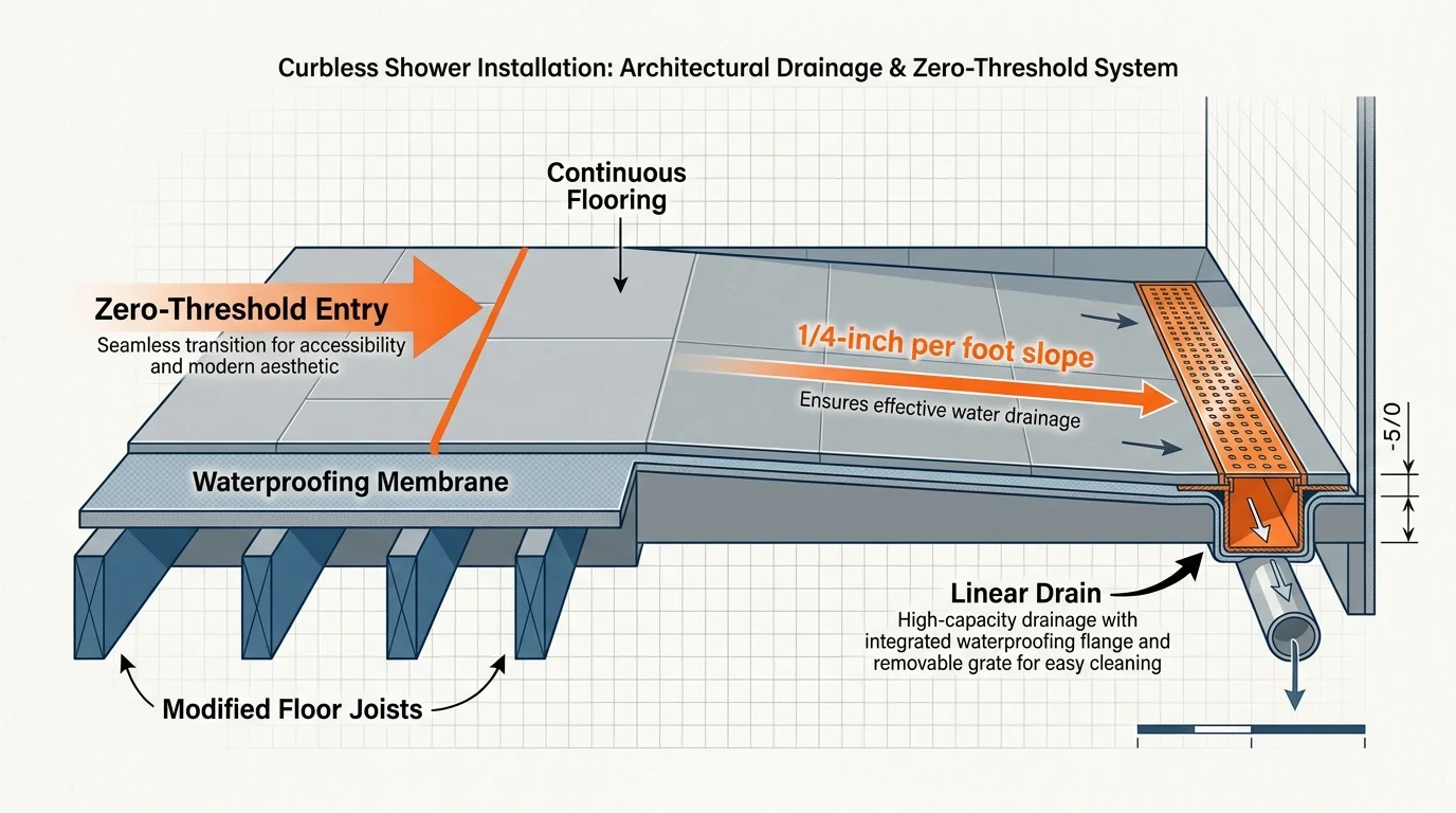 A technical diagram showing the subfloor construction and drainage slope required for a zero-threshold curbless shower.