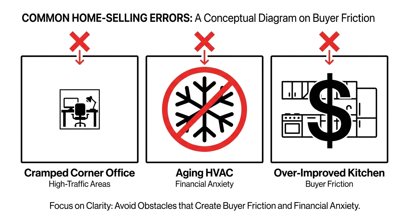A three-panel diagram showing mistakes like cramped offices, old HVAC systems, and over-improved kitchens.