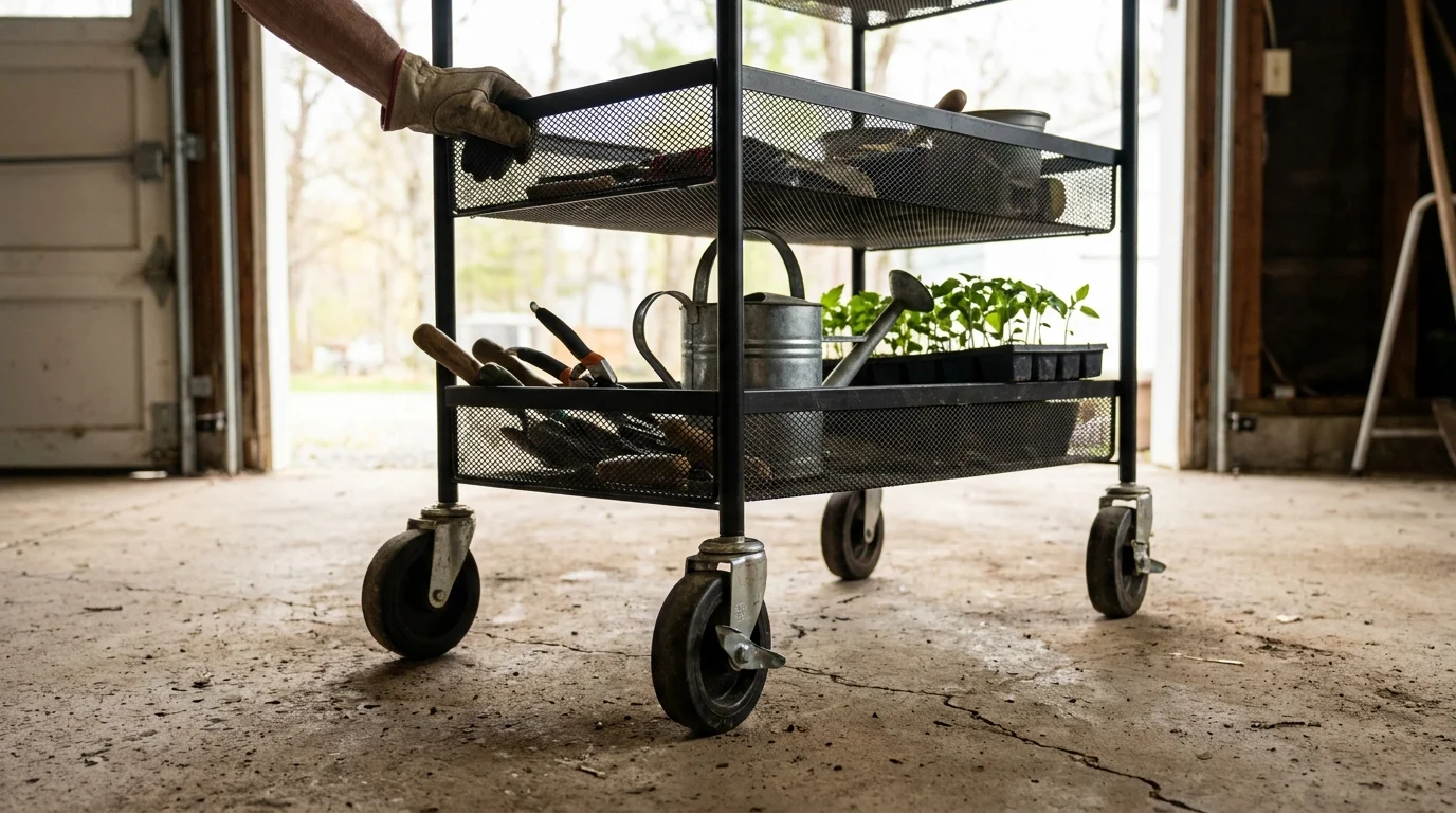 A tiered metal rolling cart filled with garden tools, showing its wheels on a garage floor.