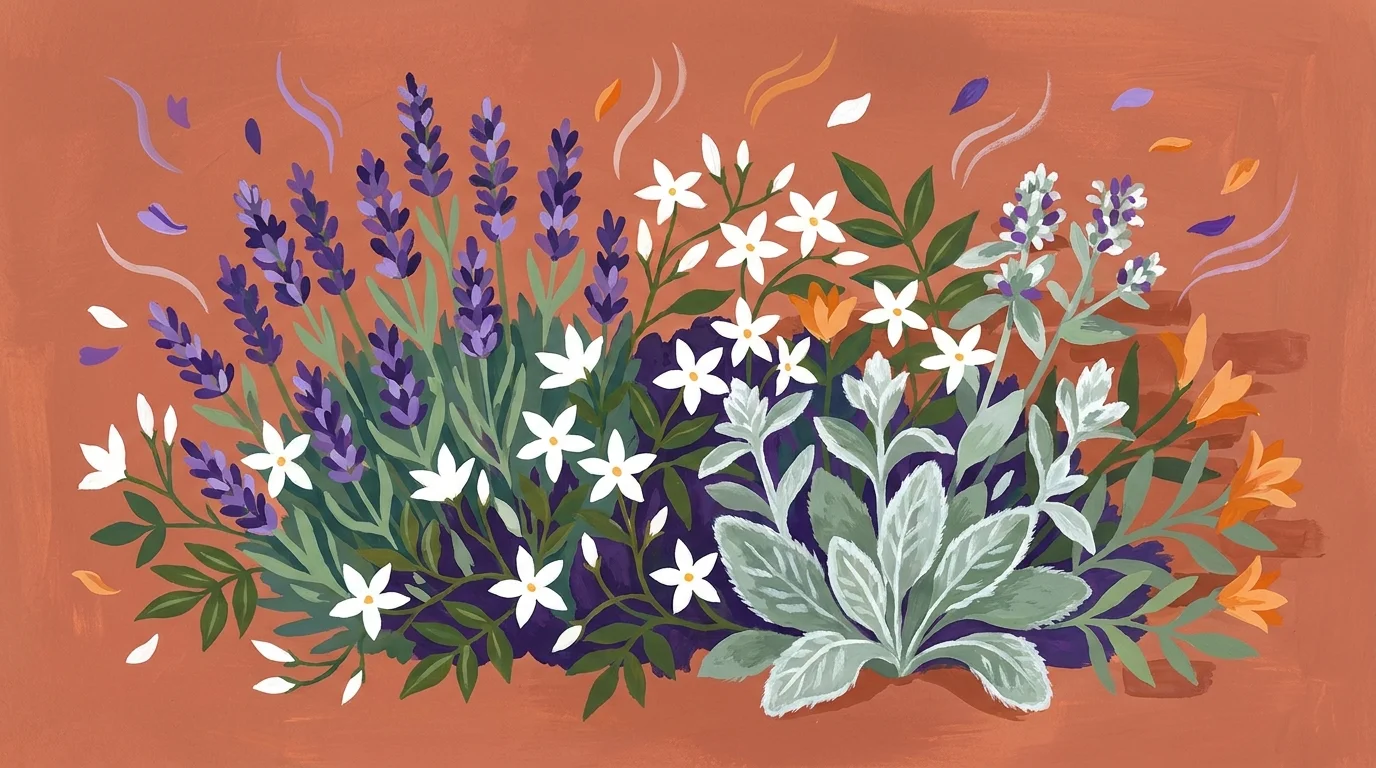 A vibrant gouache painting of lavender, jasmine, and lamb's ear plants, representing a sensory and scented garden.