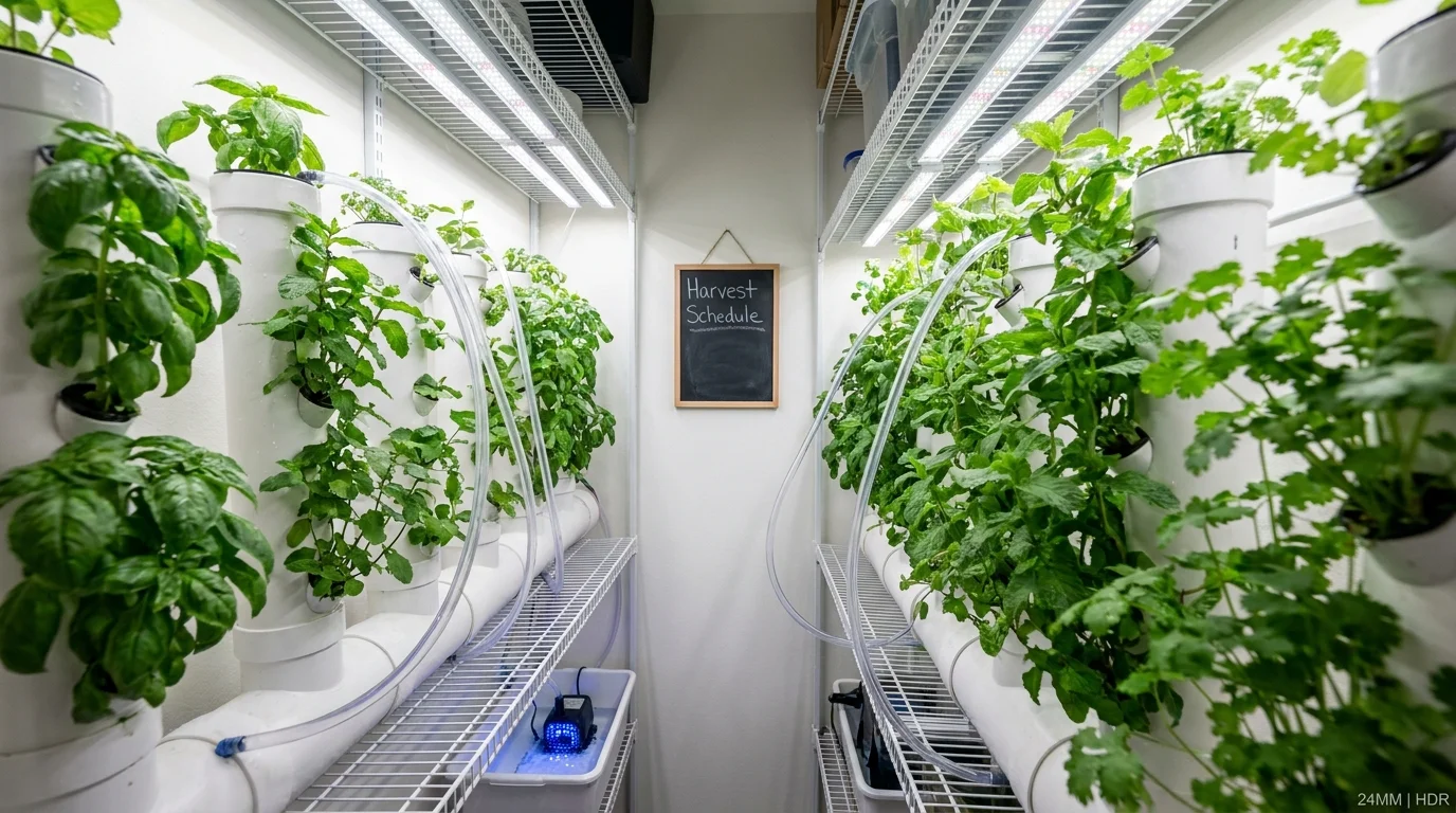 A walk-in pantry repurposed with vertical hydroponic towers growing fresh herbs under bright LED lights.