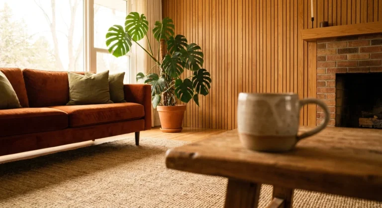 A warm, modern living room featuring a rust-orange velvet sofa, large indoor plants, and vertical wood paneling in soft sunlight.