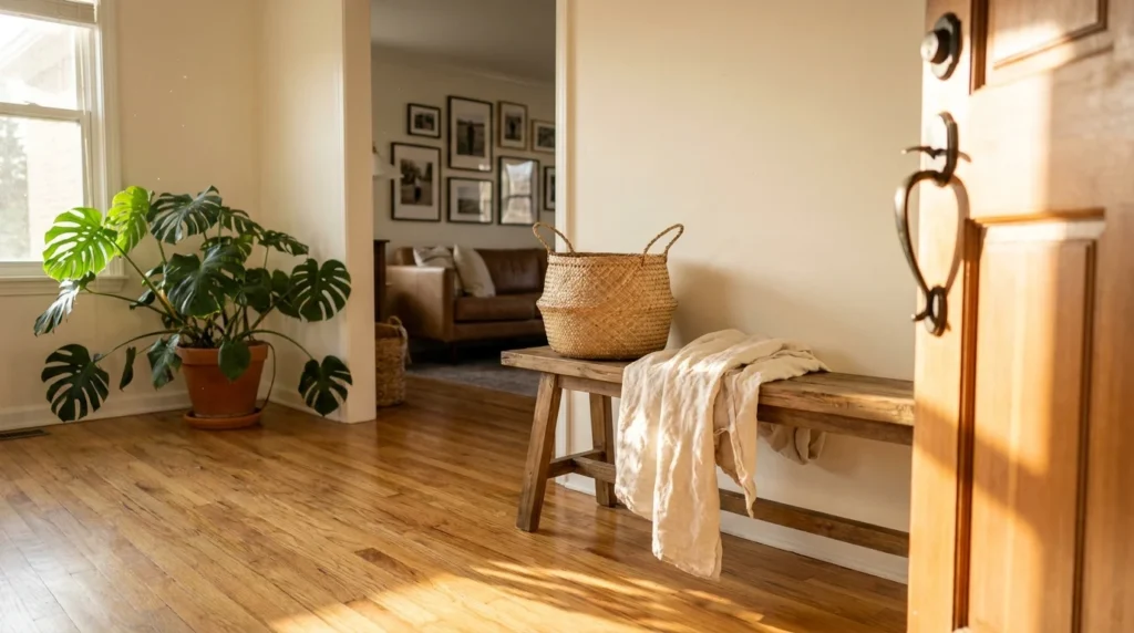 A warm, sunlit home entryway with a large monstera plant, a wooden bench, and a view into a cozy living room.