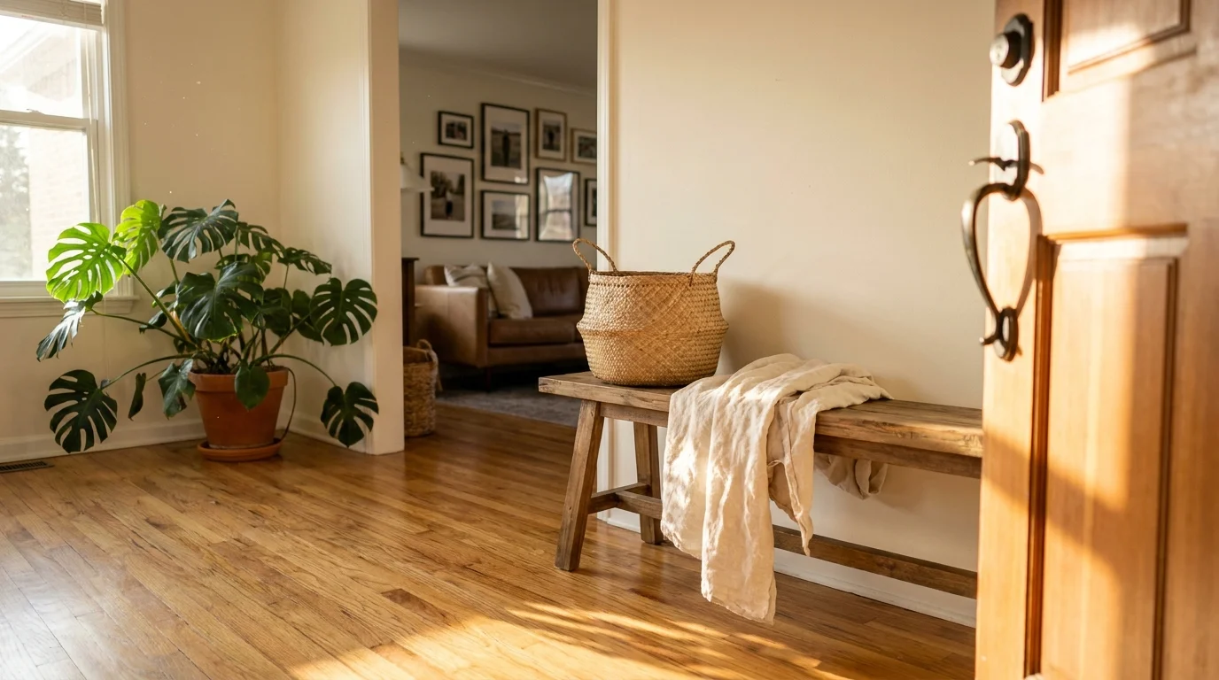 A warm, sunlit home entryway with a large monstera plant, a wooden bench, and a view into a cozy living room.