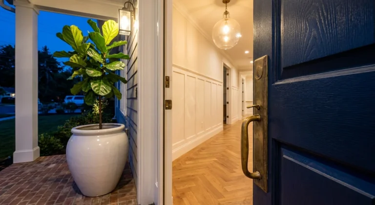 A warm, well-lit home entryway at dusk featuring a navy door with brass hardware, a large potted plant, and architectural wall molding.