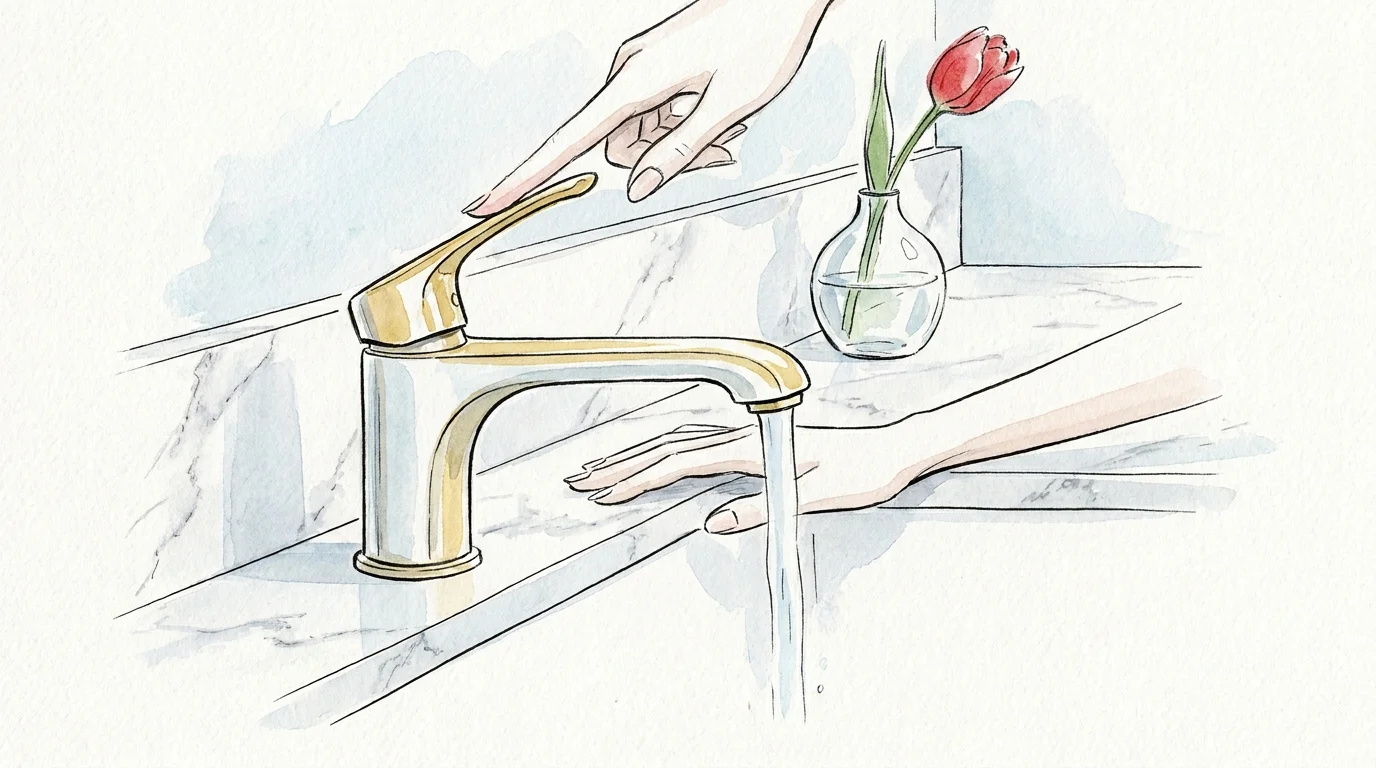 A watercolor illustration of a hand easily operating a lever-style bathroom faucet with a single finger.