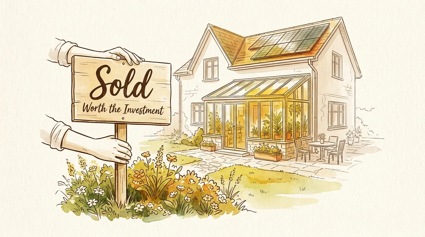 A watercolor illustration of a house with a 'Sold' sign, highlighting the features that made it worth the investment.