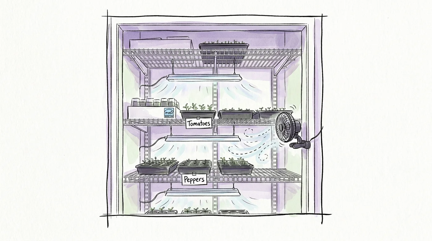 A watercolor illustration of a small closet fitted with wire shelves, grow lights, and a small fan for starting seeds.