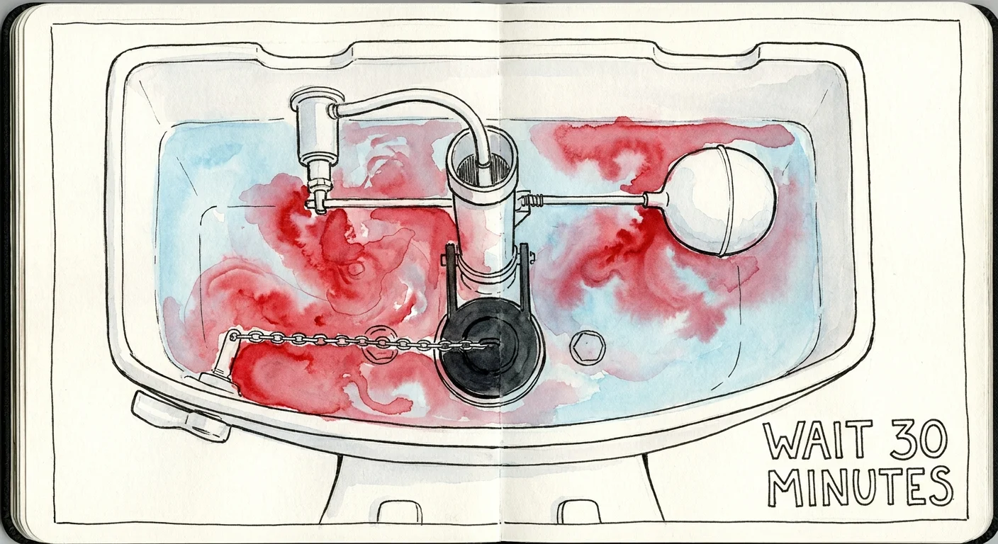 A watercolor illustration of red food coloring being dropped into a toilet tank as a leak test.