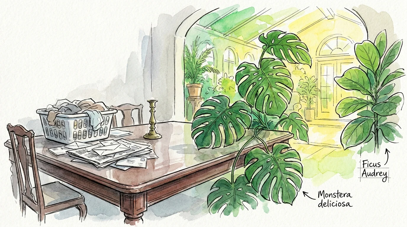 A watercolor illustration showing a formal dining table transition from a clutter-catcher to a lush indoor plant conservatory.