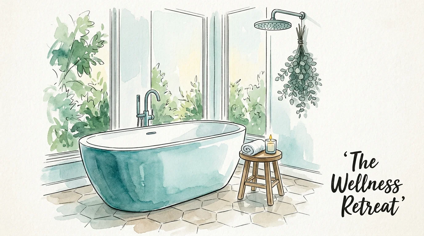 A watercolor painting of a serene bathroom with a freestanding tub, rainfall shower, and natural light.