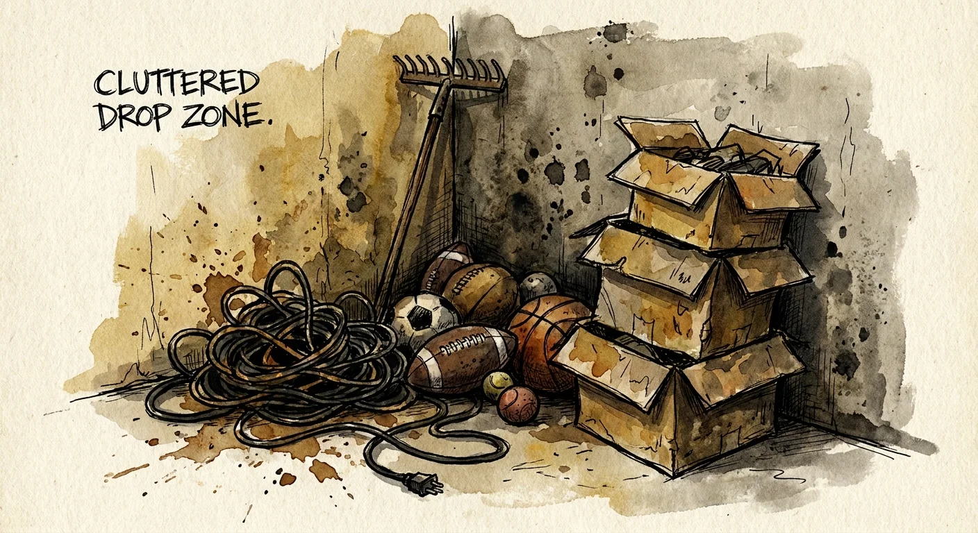 A watercolor sketch of a cluttered garage corner with tangled cords, leaning boxes, and a messy pile of equipment.