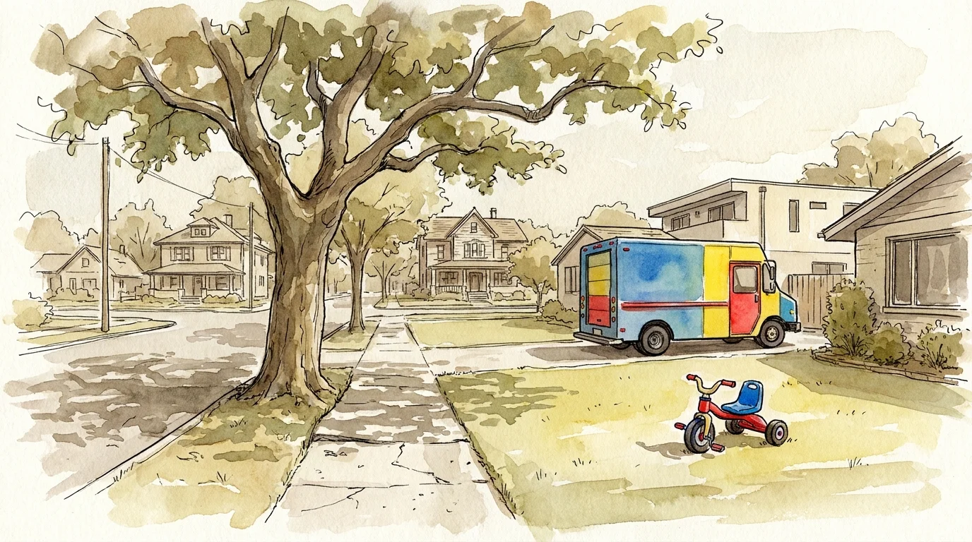 A watercolor sketch of a quiet neighborhood street showing a mix of established trees and signs of young families moving in.