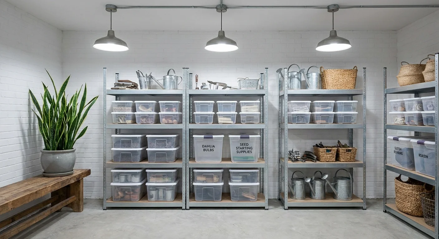 A well-organized basement storage area with clear bins on metal shelves and a large snake plant.