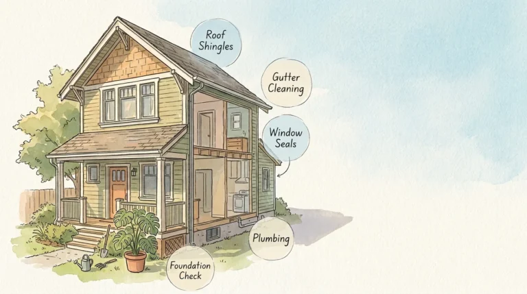A whimsical watercolor illustration of a craftsman house with callouts pointing to common repair areas like the roof and windows.