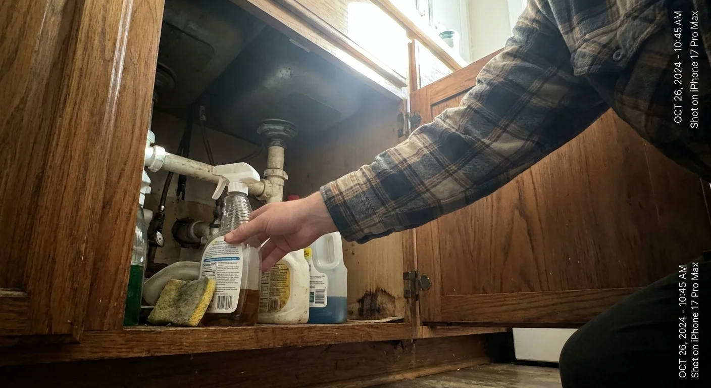 A wide-angle photo of a homeowner checking under a kitchen sink, revealing a damp water stain on the cabinet floor.