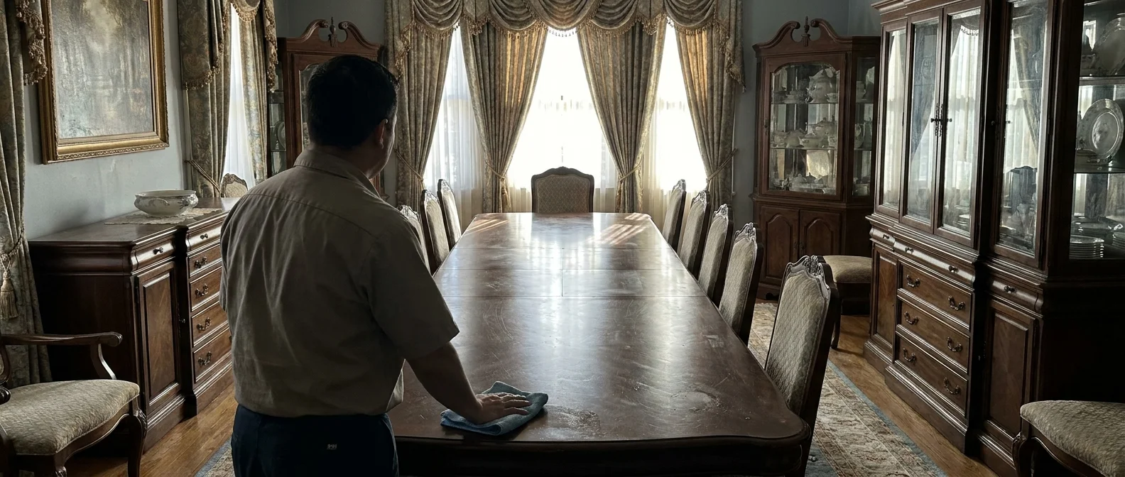 A wide-angle shot of an enormous, dusty dining table in a formal room, illustrating the effort of hosting in a large house.