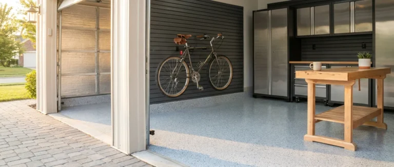 A wide, organized garage with a high-performance floor coating, wall-mounted bikes, and a clean workbench under warm afternoon light.