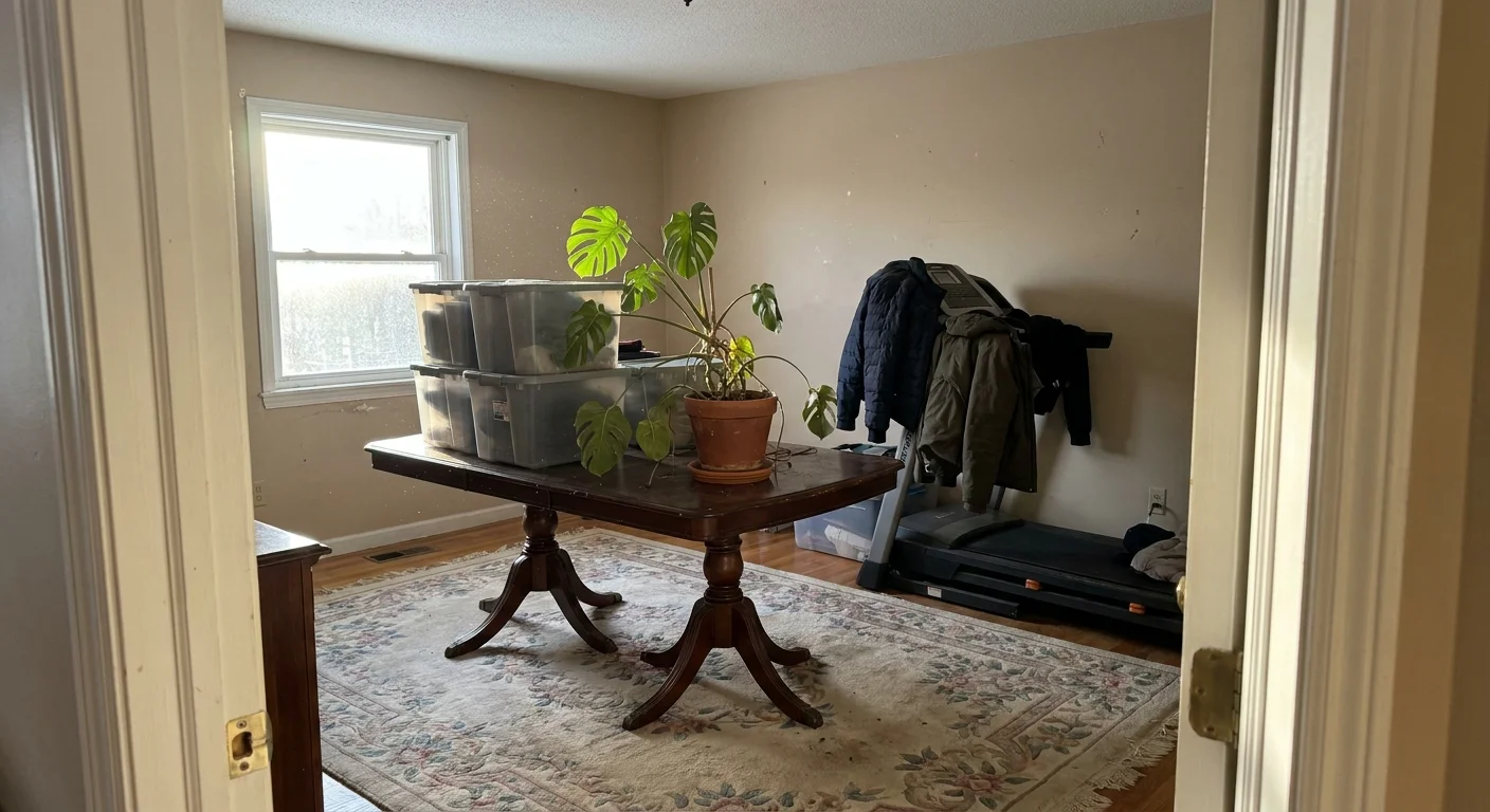 A wide shot of a guest bedroom filled with storage bins and unused furniture, lit by bright afternoon sun.