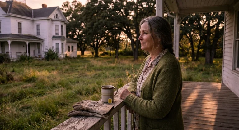 A woman in her 60s looks out over a large, sunlit backyard from her porch, looking thoughtful and slightly tired.