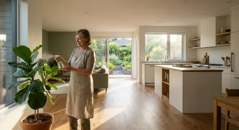 A woman over 60 misting a large indoor plant in a bright, open-concept home with large windows and sun-drenched wood floors.