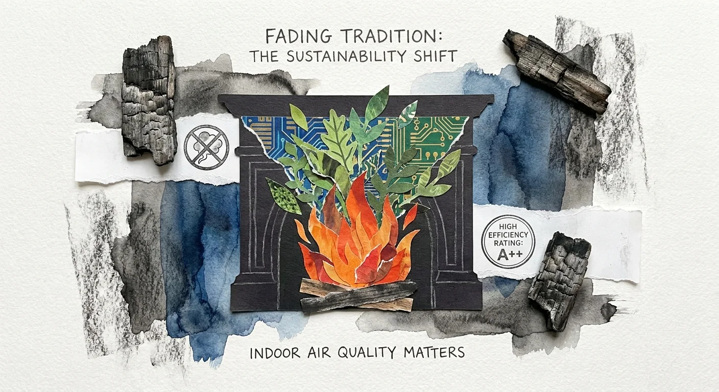 Abstract collage showing fire motifs evolving into green leaves, symbolizing the move away from wood-burning fireplaces.